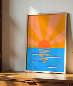 A vibrant sunrise illustration over the ocean with colorful rays