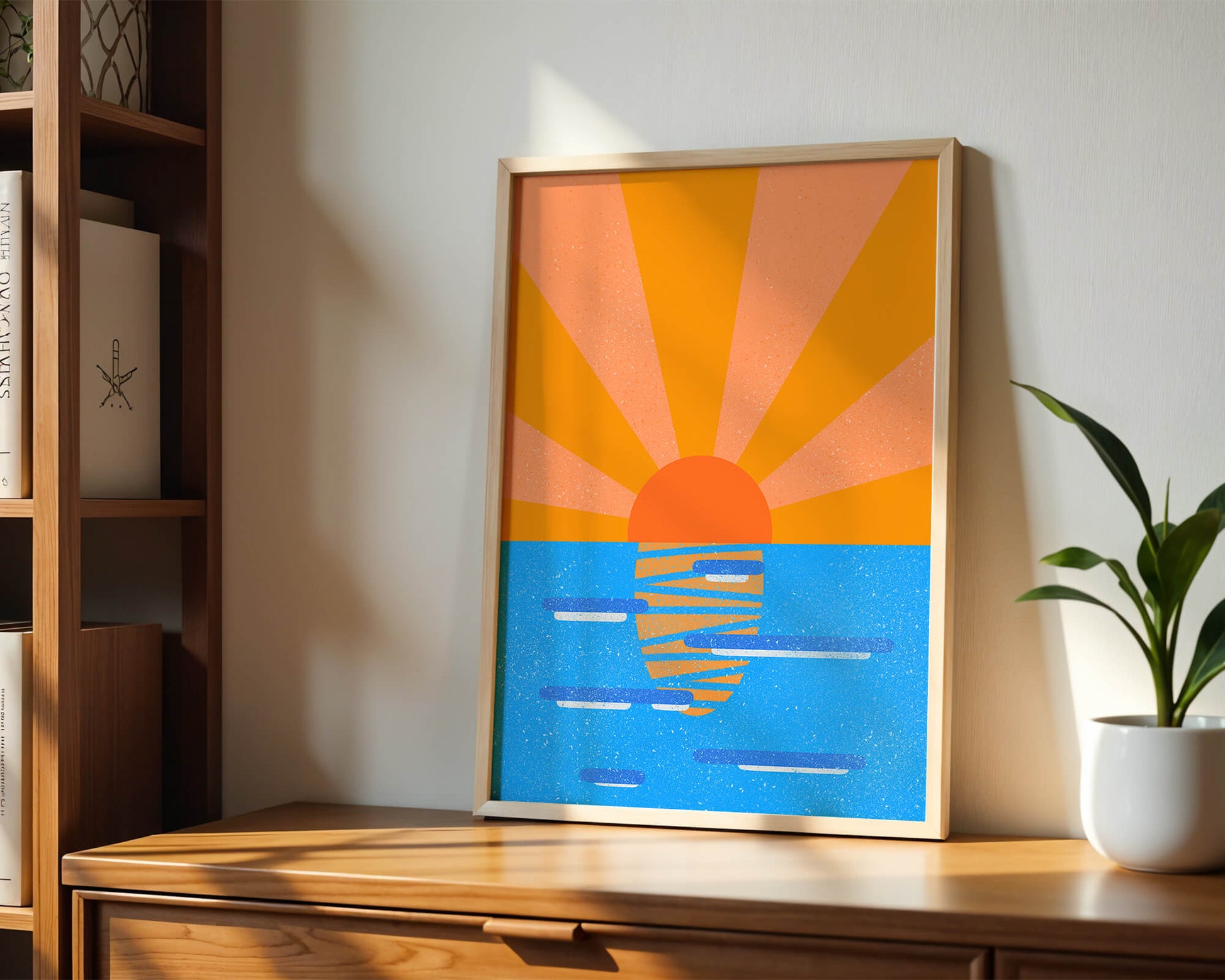 A vibrant sunrise illustration over the ocean with colorful rays