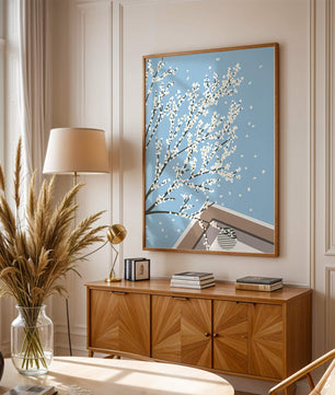 Blooming Branches Against a Clear Sky with Geometric Shapes