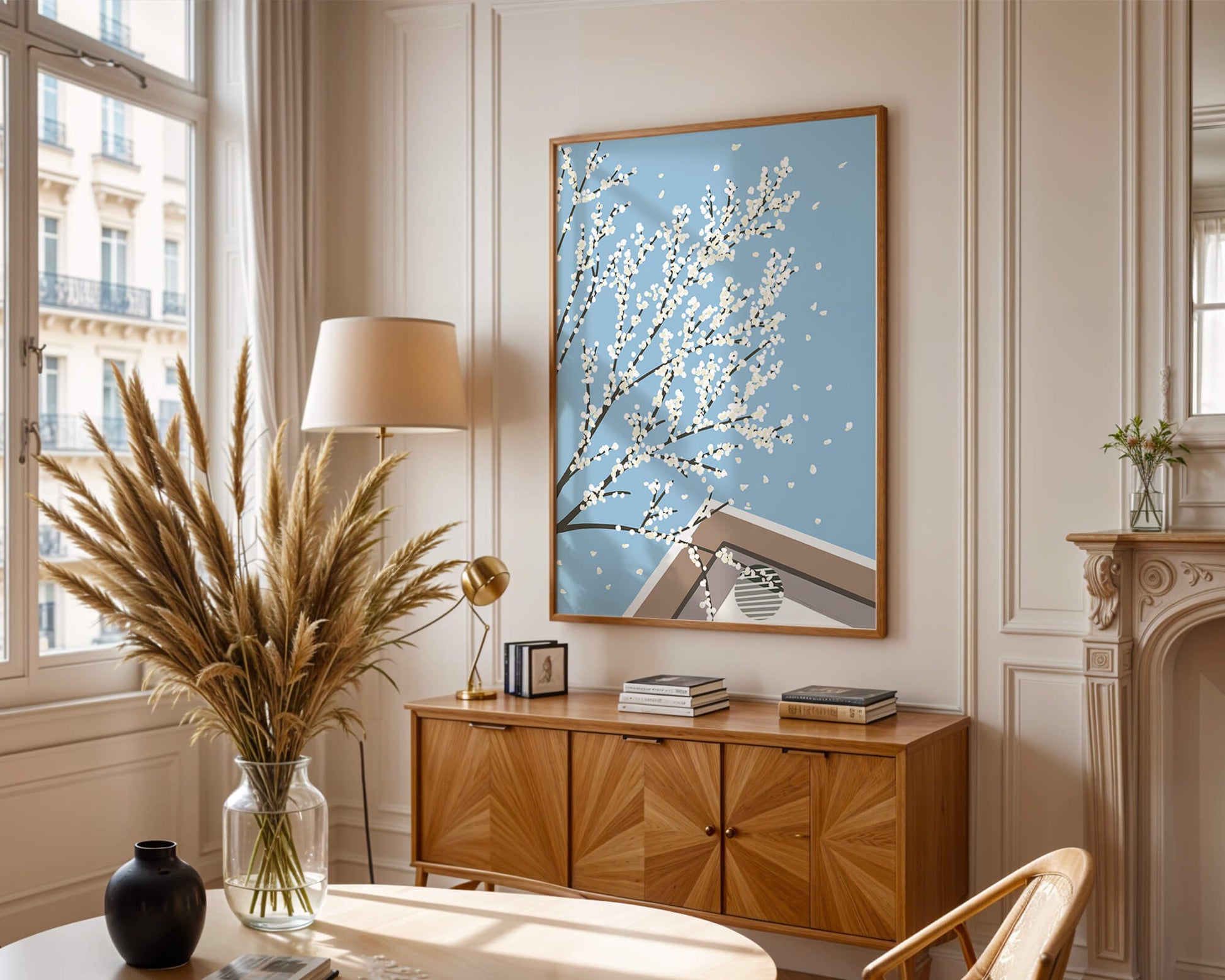 Blooming Branches Against a Clear Sky with Geometric Shapes