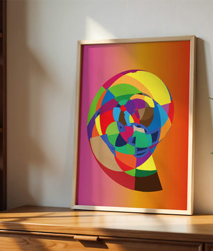 Vibrant abstract geometric shape with multicolored spiral on gradient background