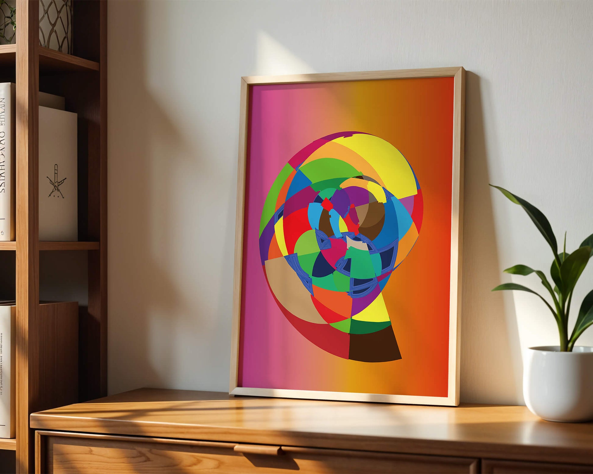 Vibrant abstract geometric shape with multicolored spiral on gradient background