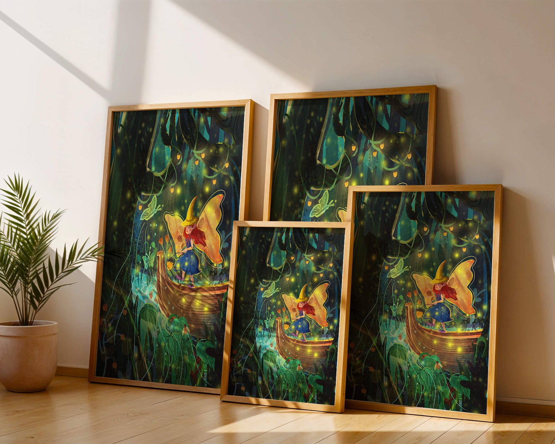 Fairy in an enchanted forest with glowing butterflies and lanterns