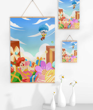 Colorful illustration with presents and children playing under a blue sky