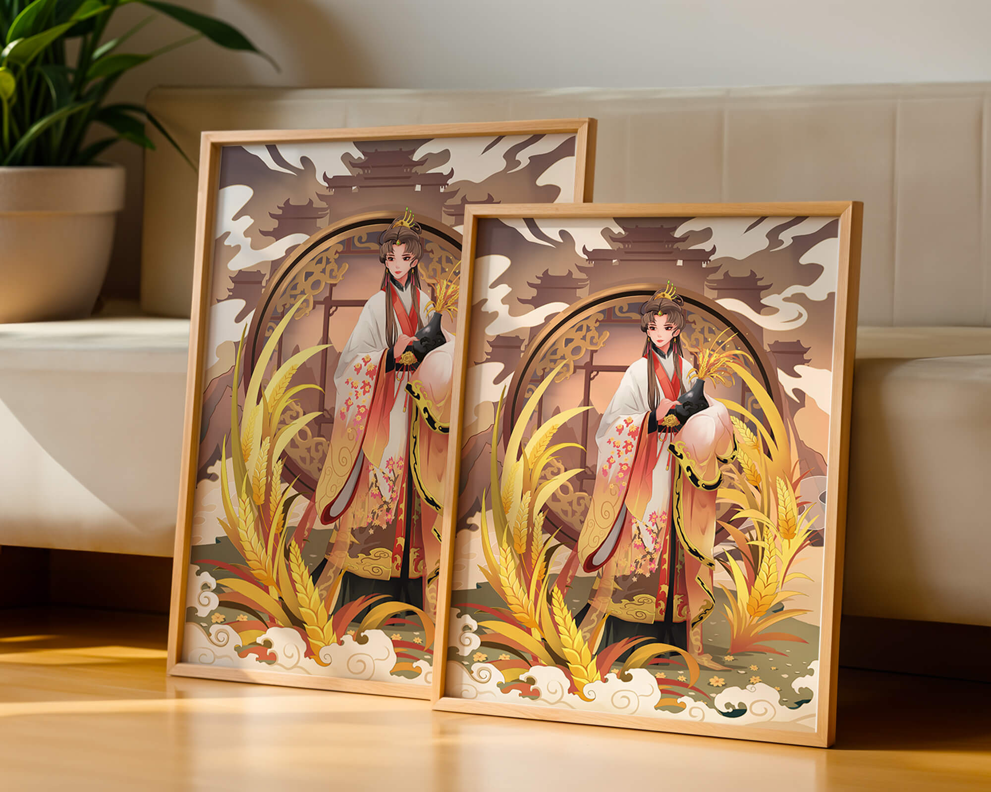 Elegant woman in traditional attire amidst golden wheat field and oriental architecture