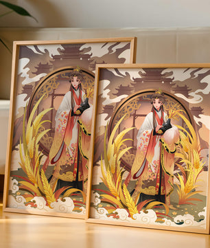 Elegant woman in traditional attire amidst golden wheat field and oriental architecture