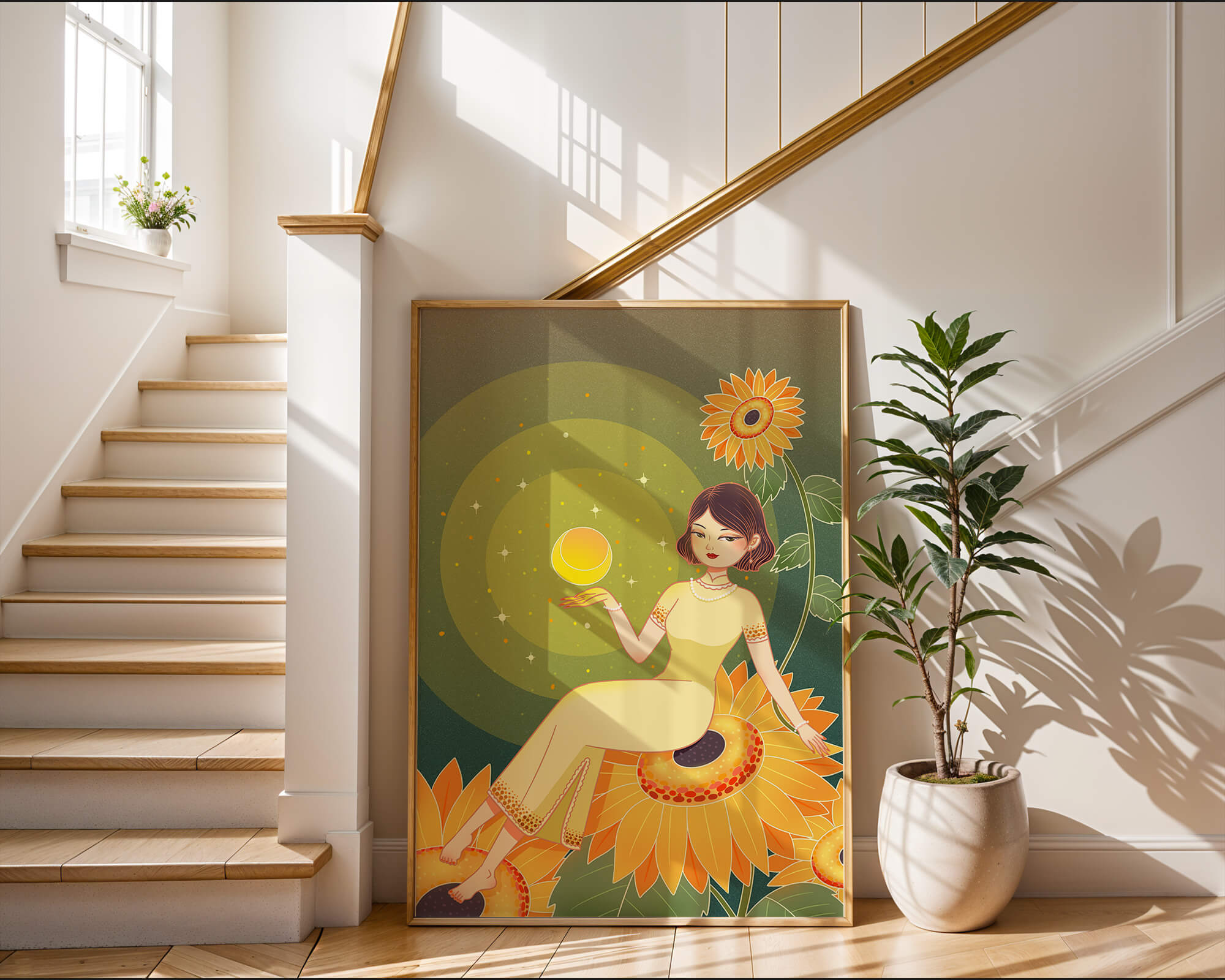 Elegant illustration of a woman on sunflowers with glowing orb