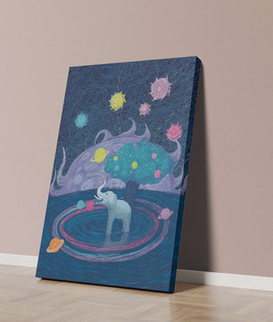 Éléphant fantastique avec arbre et fond cosmique