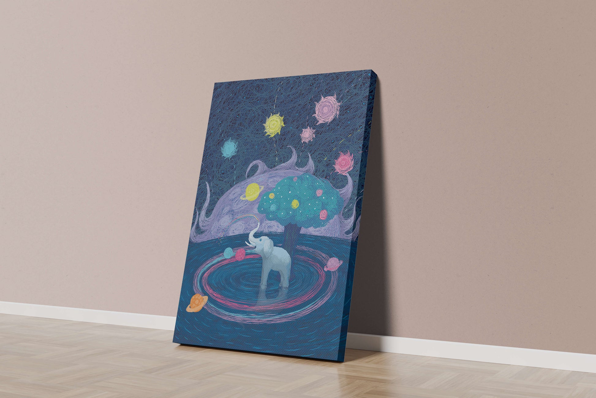 Éléphant fantastique avec arbre et fond cosmique