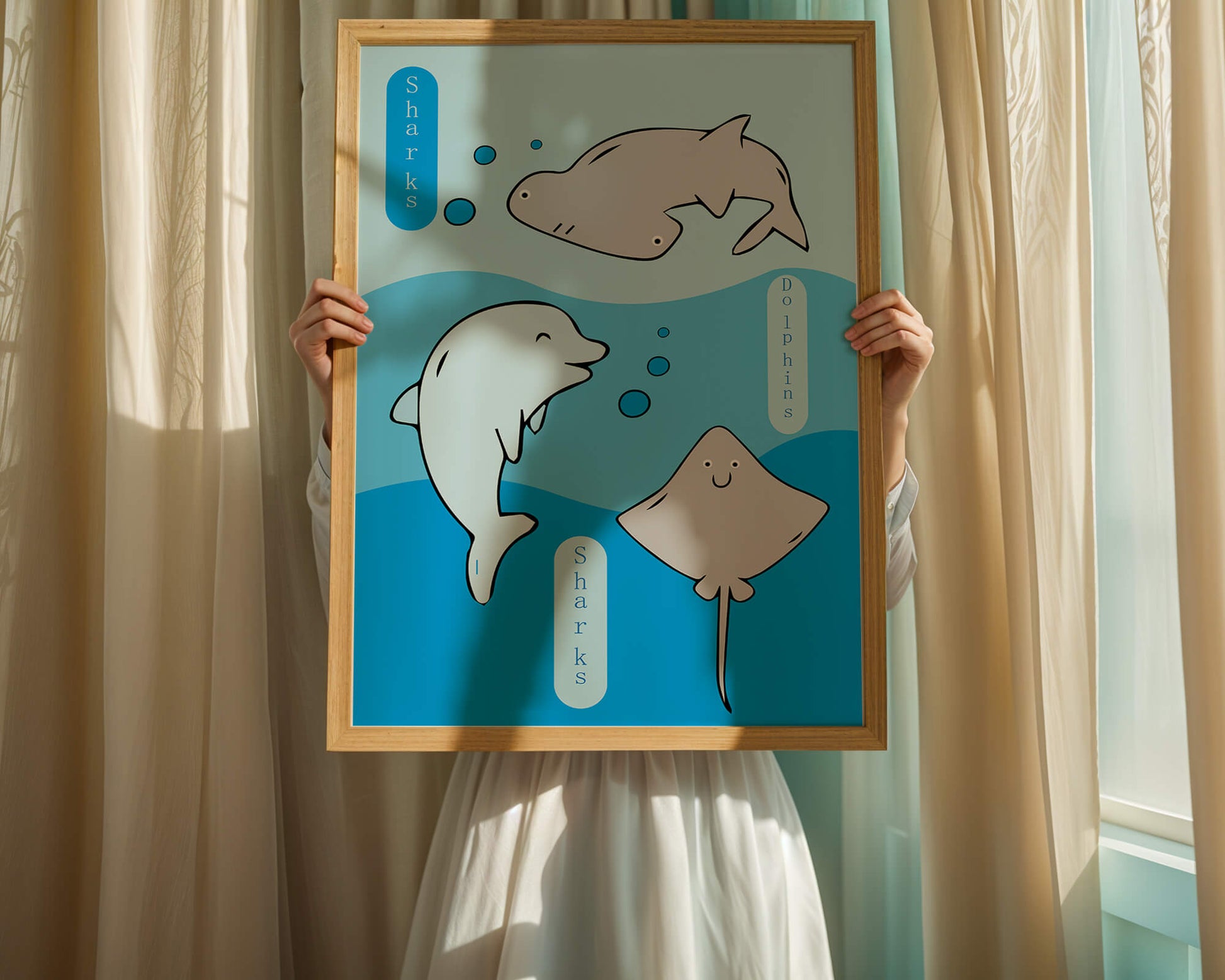 Cartoon sea animals illustration with shark, dolphin, and stingray