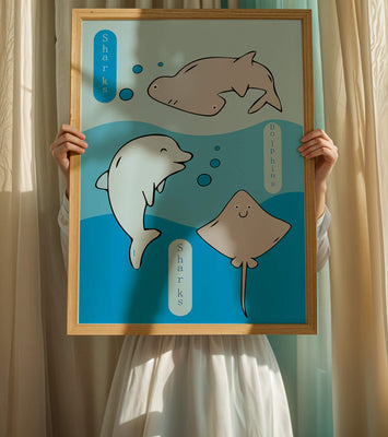 Cartoon sea animals illustration with shark, dolphin, and stingray