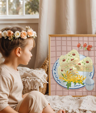 Illustration of layered cake on patterned plate with flowers and a cup