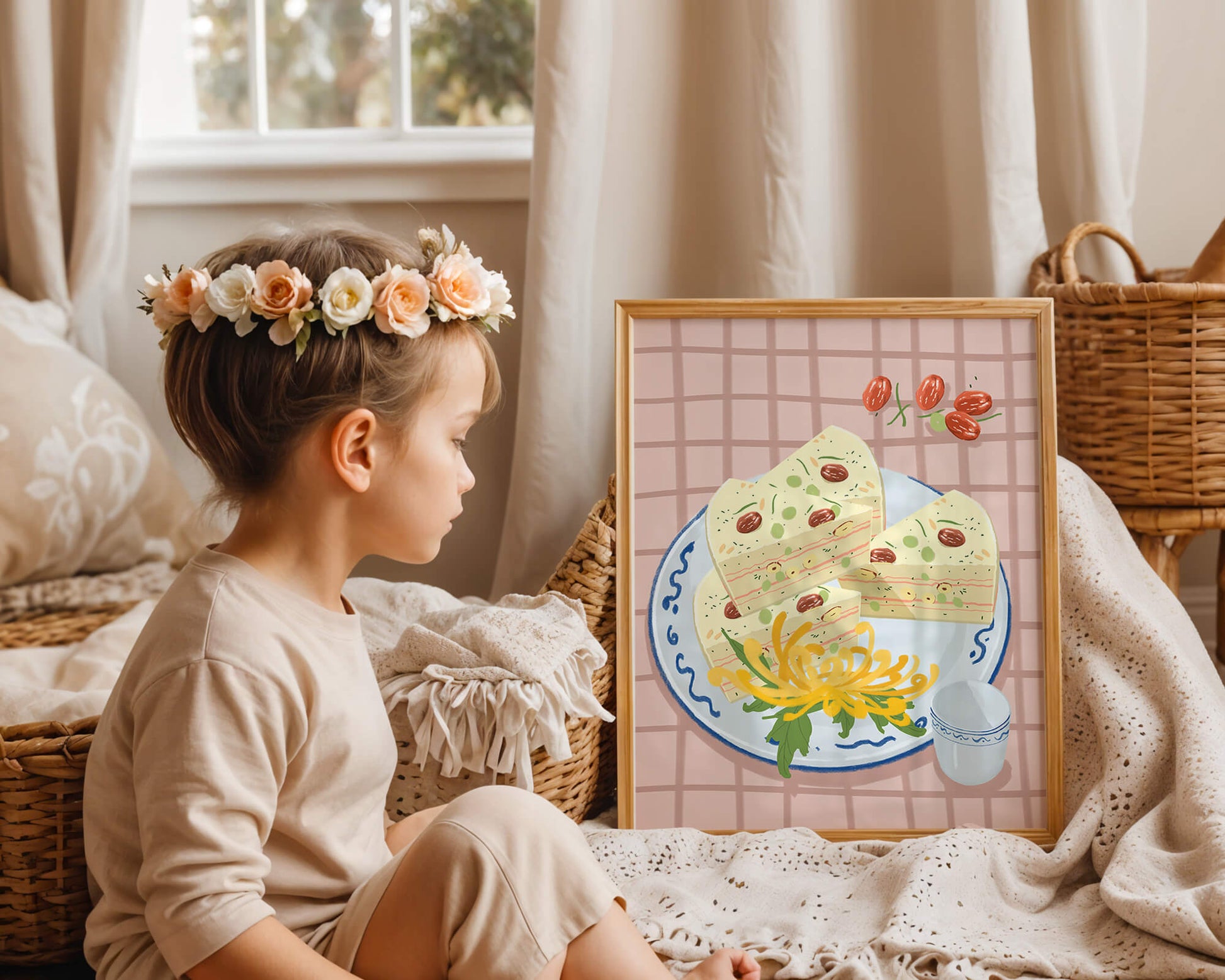 Illustration of layered cake on patterned plate with flowers and a cup