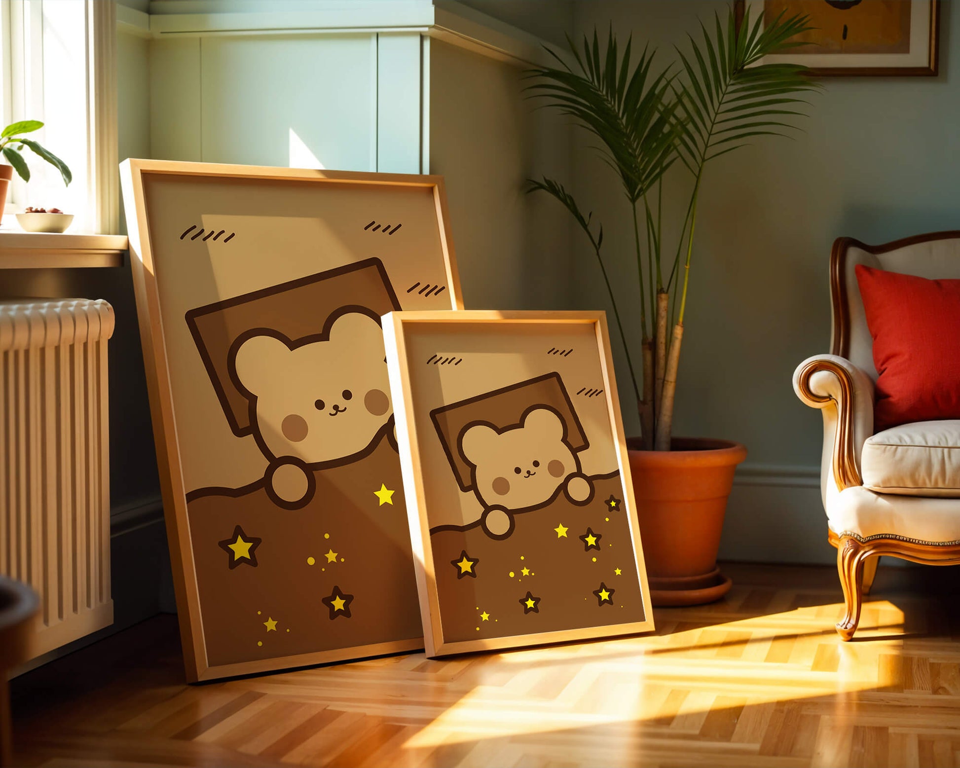Adorable bear peeking out from a blanket with stars illustration