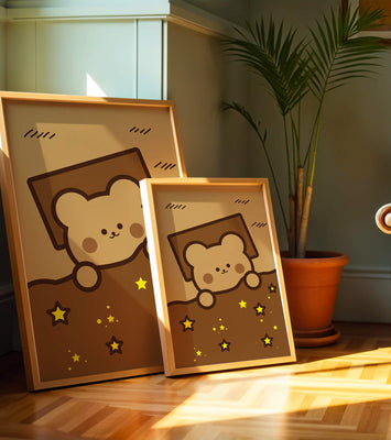 Adorable bear peeking out from a blanket with stars illustration
