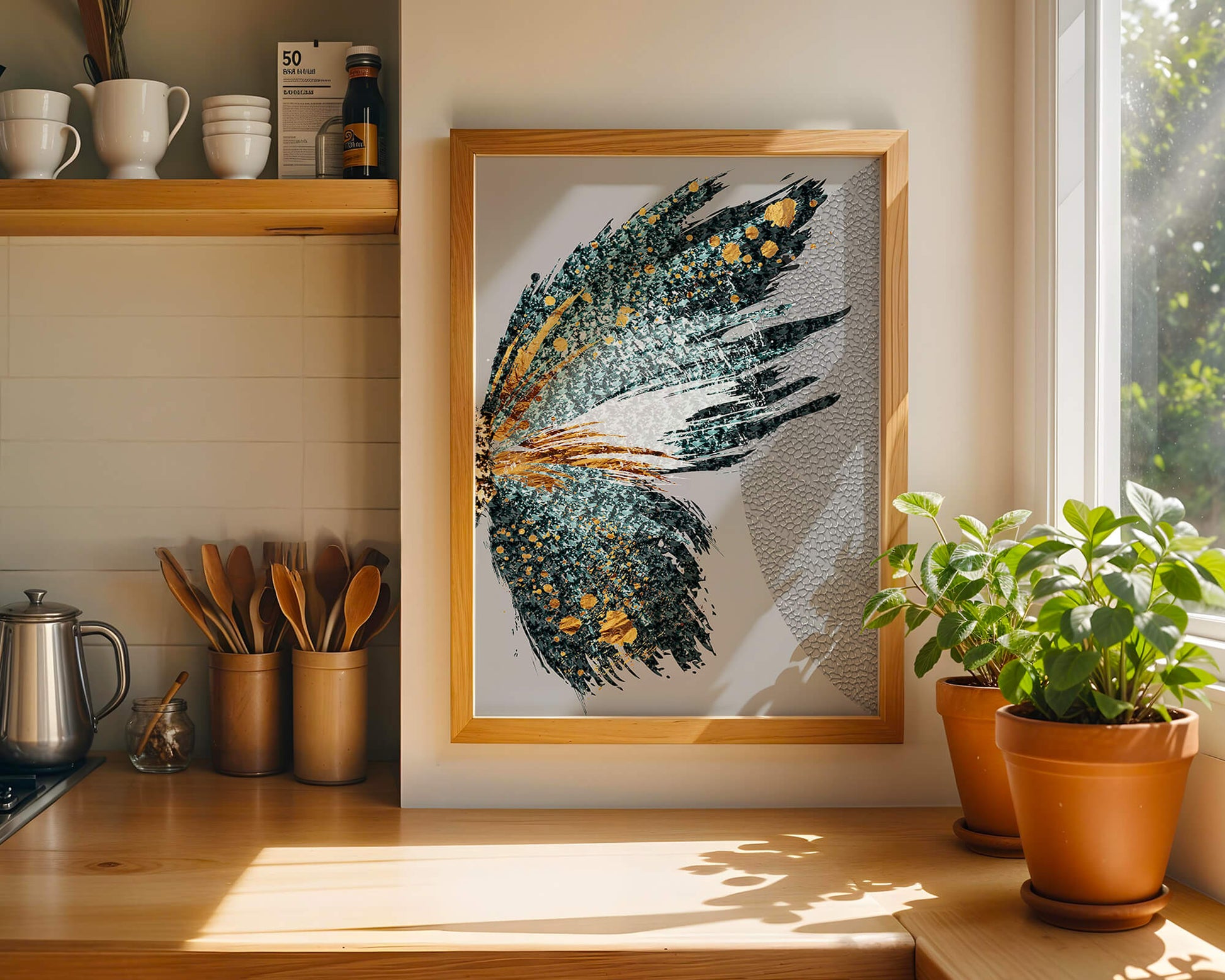 Ala de mariposa abstracta con detalles turquesa y dorados