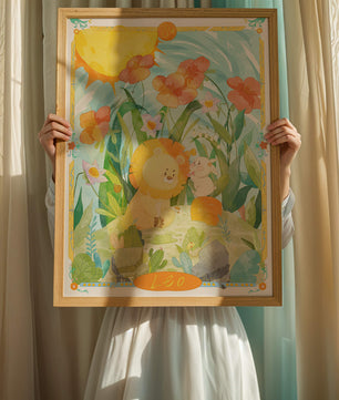 Charming watercolor illustration of lion and rabbit in a vibrant floral landscape