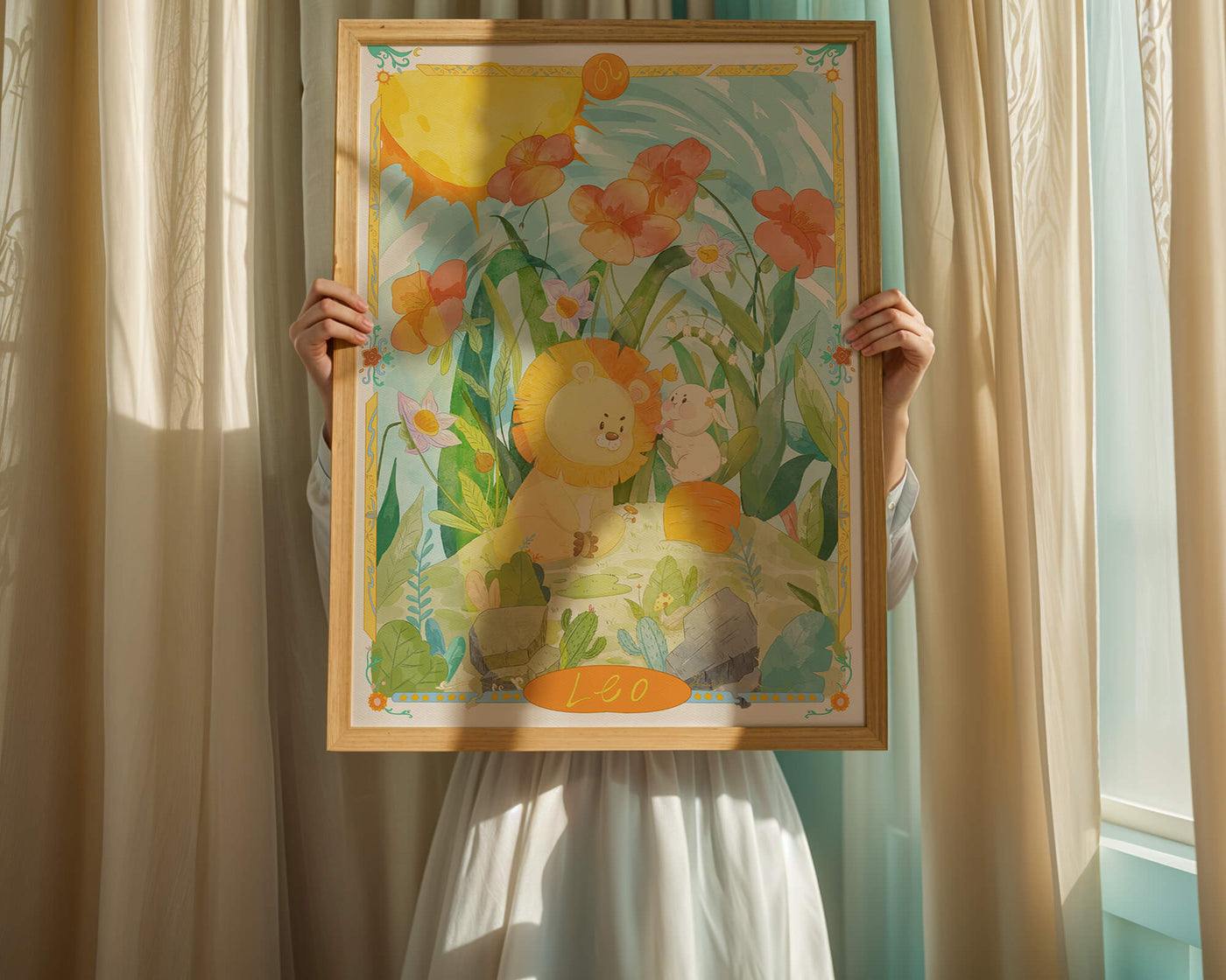 Charming watercolor illustration of lion and rabbit in a vibrant floral landscape