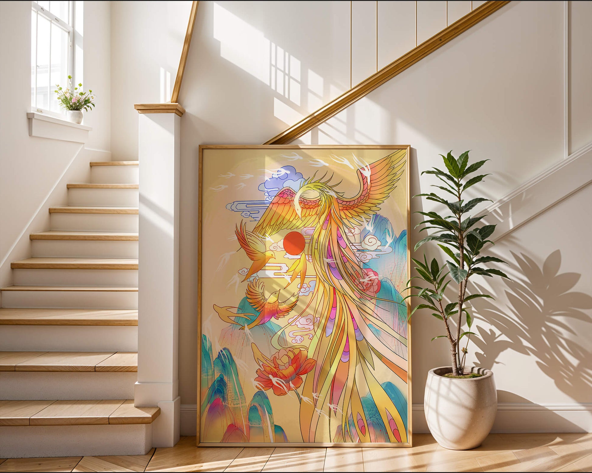 Colorful phoenix soaring in a dreamlike sky with vibrant flowers and mountains