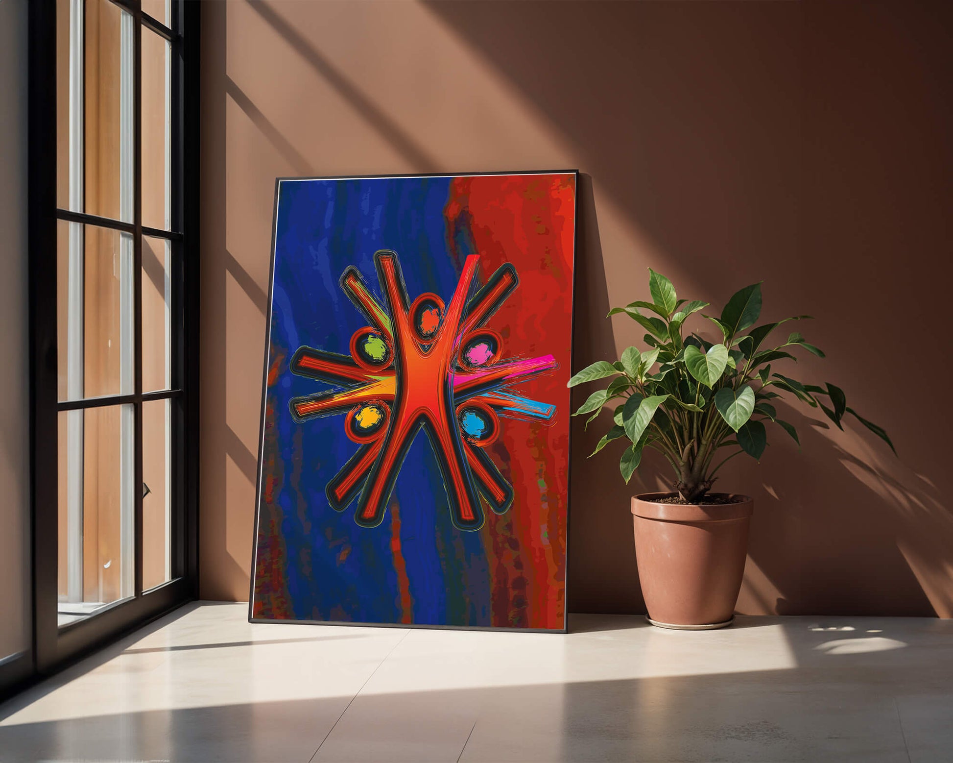 Abstract art with dynamic figures and vibrant colors