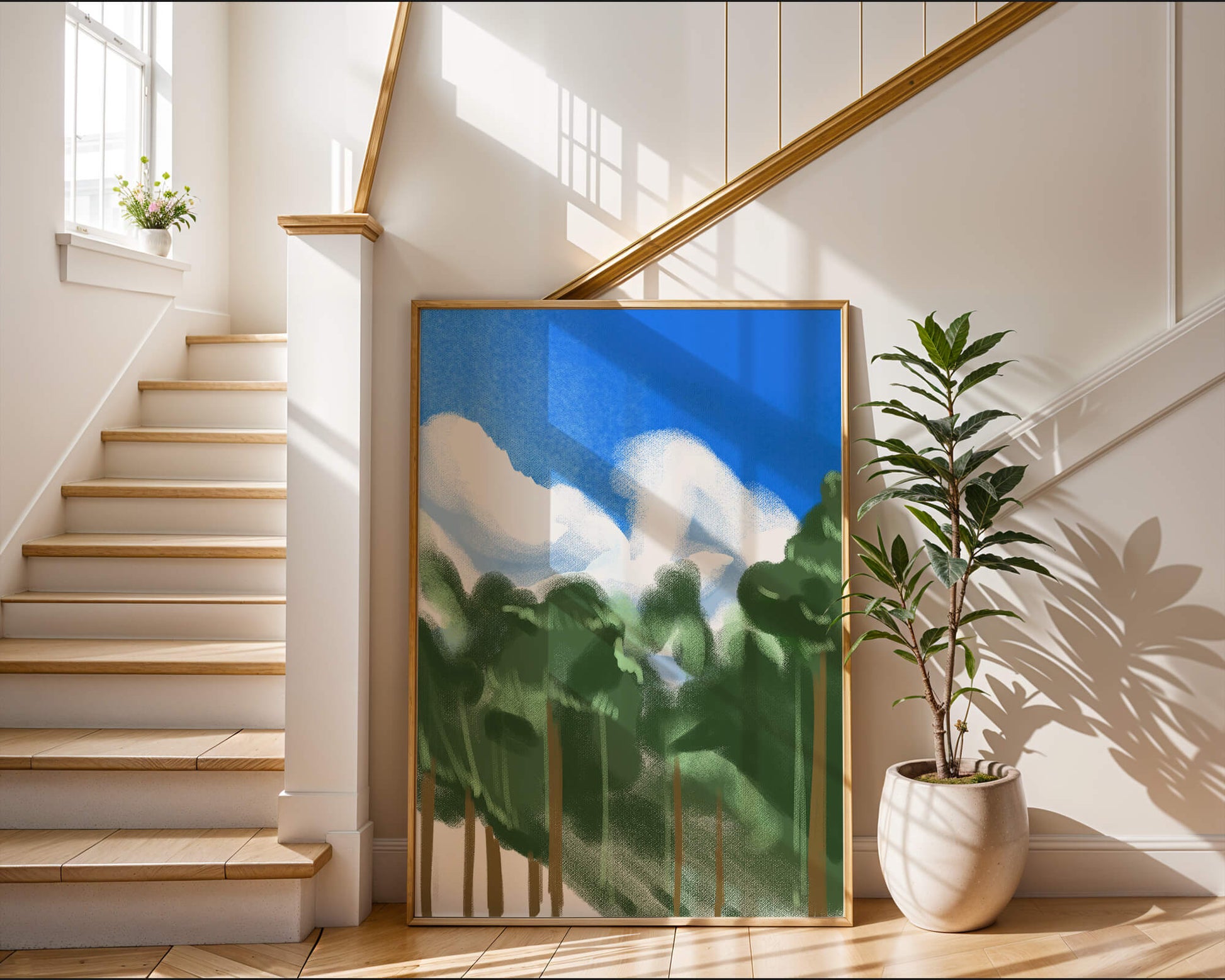 Malerische Waldlandschaft mit blauem Himmel und flauschigen Wolken