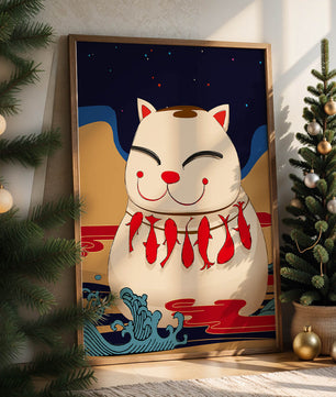 Japanese Lucky Cat with Fish Design in a Surreal Landscape