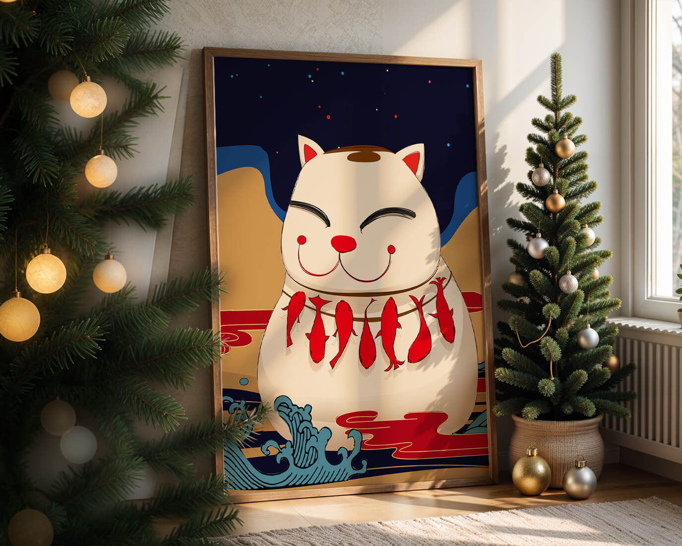 Japanese Lucky Cat with Fish Design in a Surreal Landscape