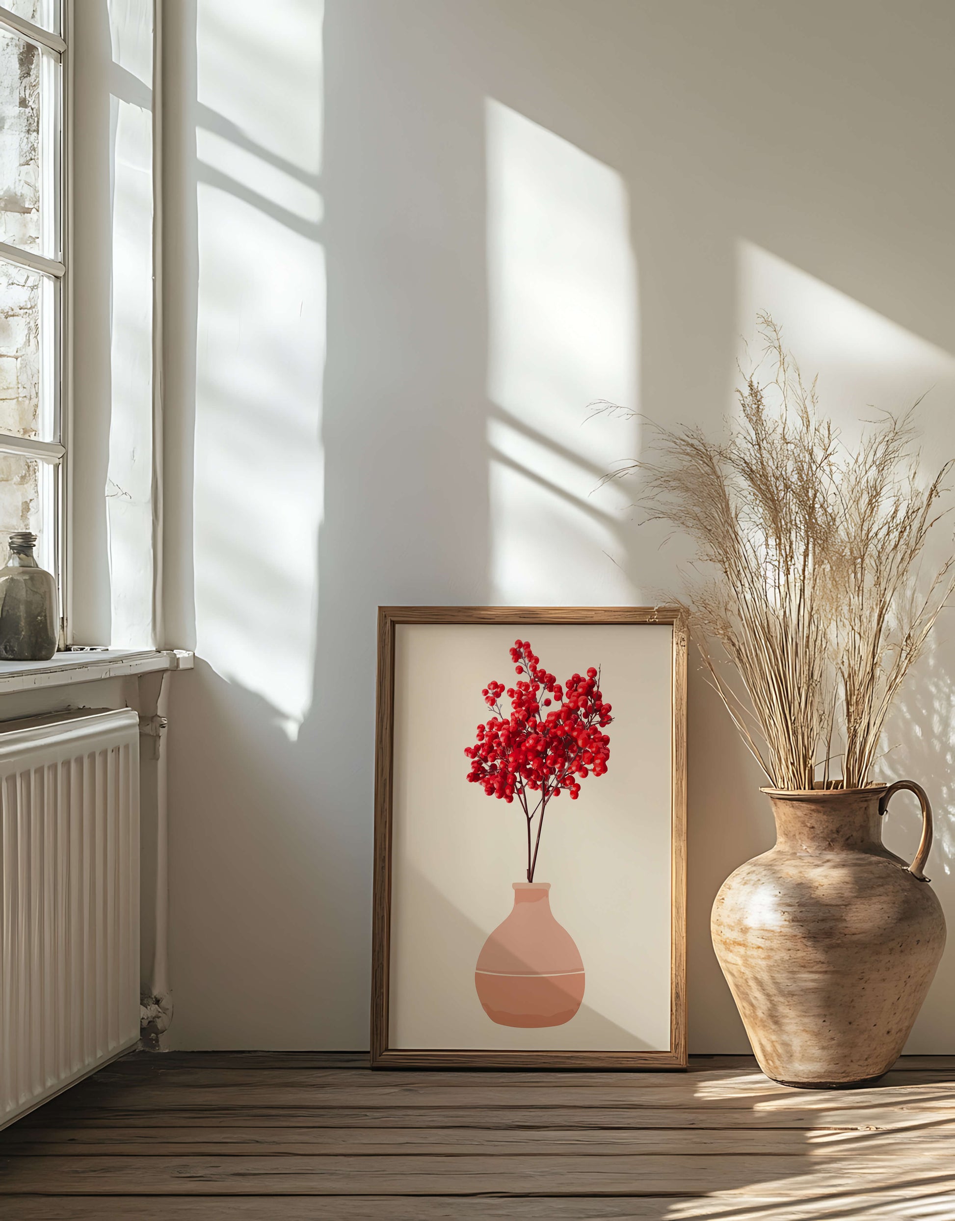 Red berries in minimalist clay vase on neutral background