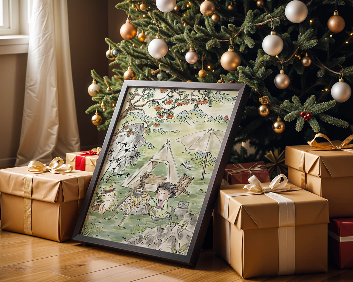 Escena encantadora de camping con un niño y un gato bajo un árbol de caqui