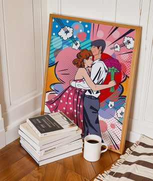 Pareja abrazándose en estilo pop art con un fondo colorido