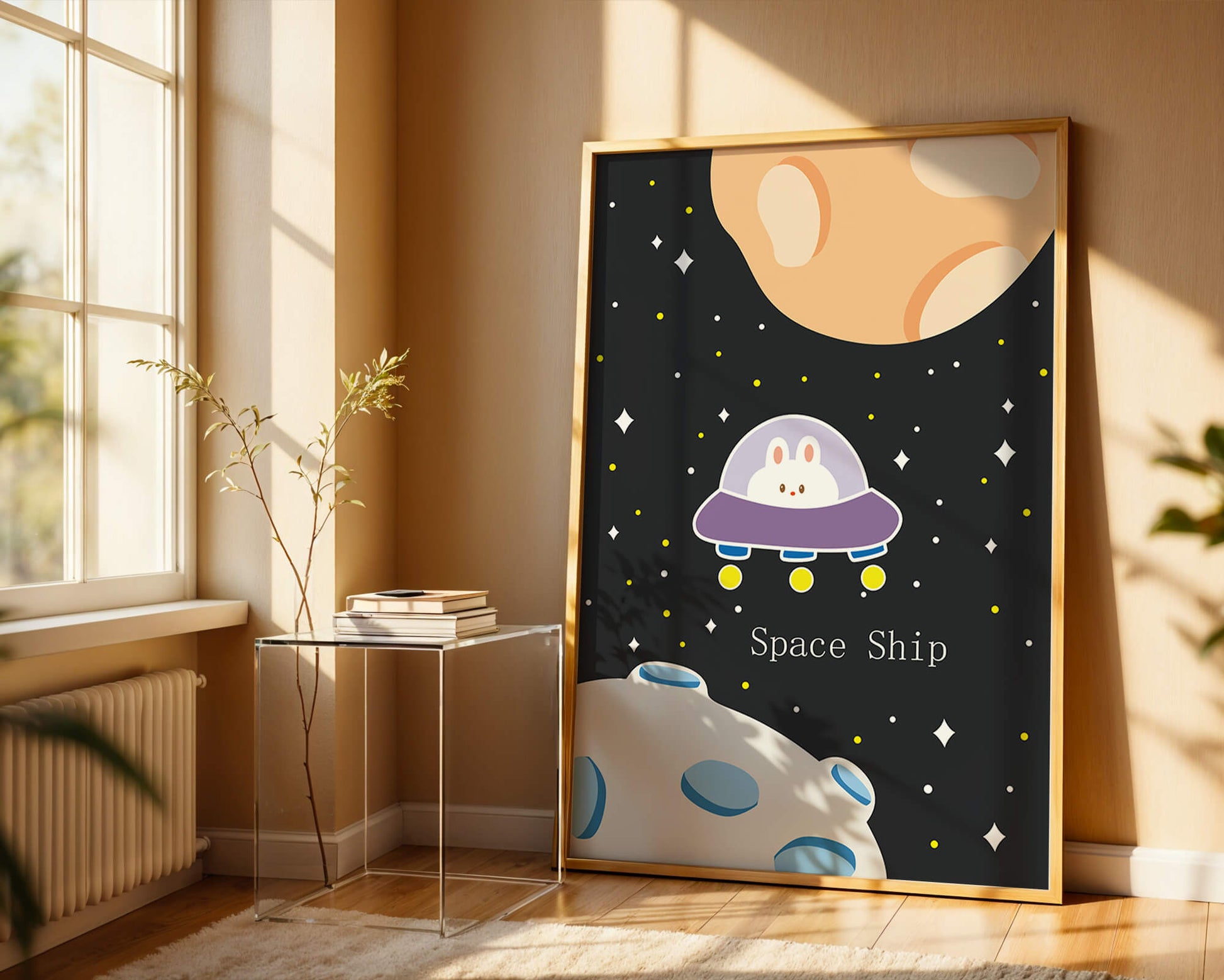 Cute bunny in spaceship with planets and stars in space illustration