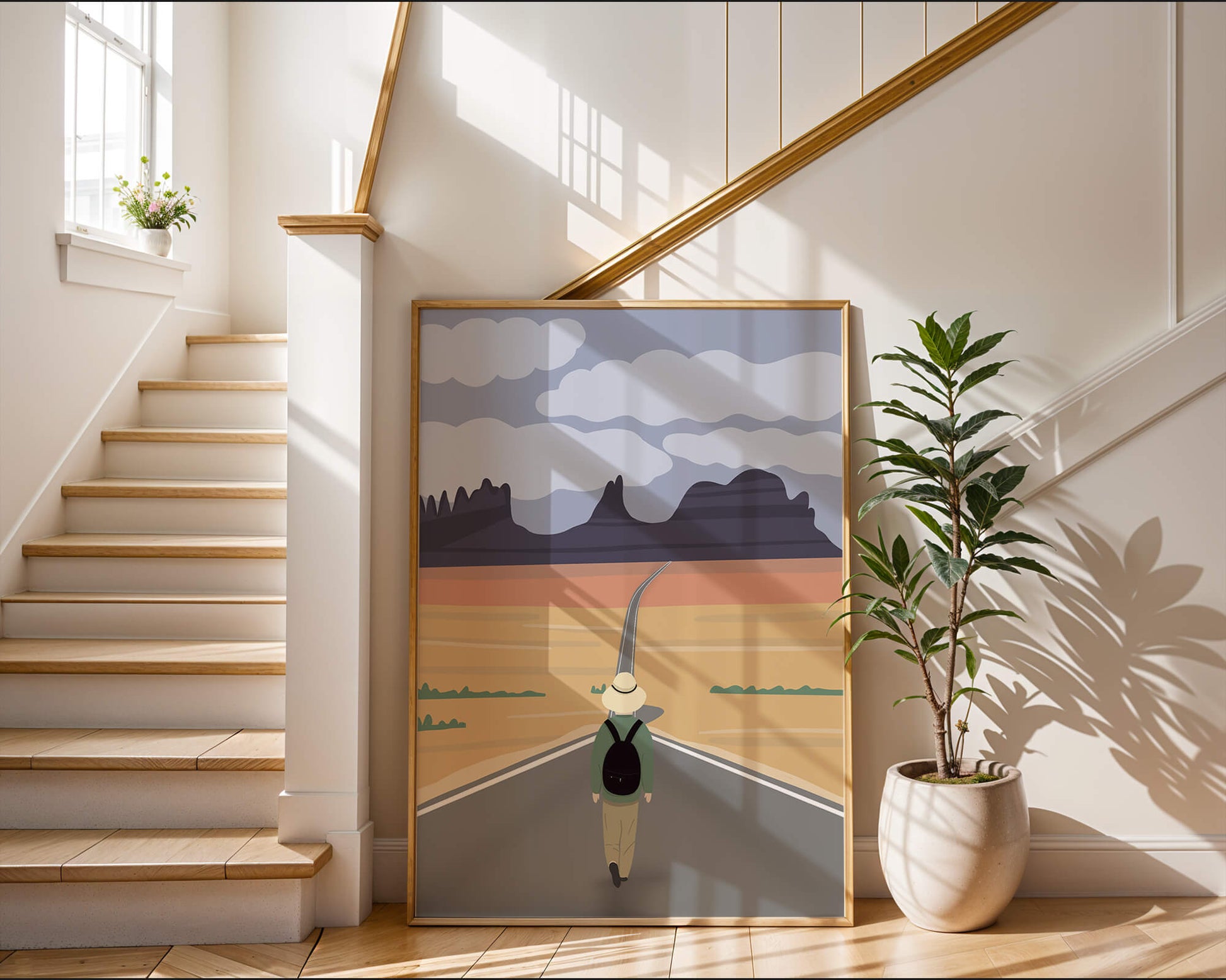 Traveler Walking on Endless Road Toward Mountains