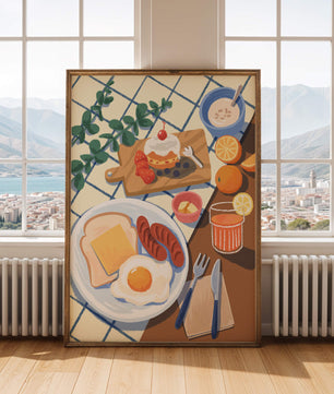 Escena de desayuno colorida con comida y bebida