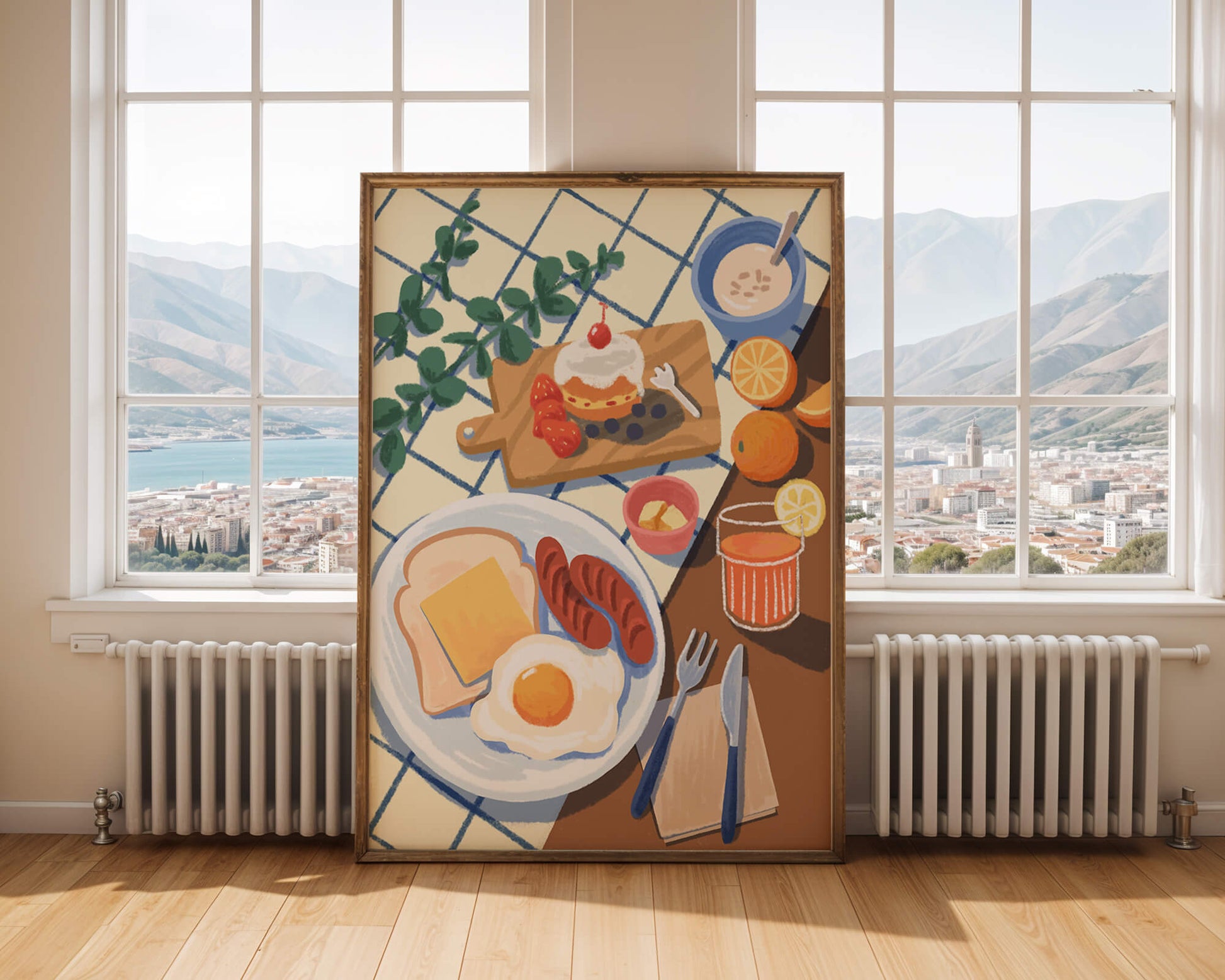 Escena de desayuno colorida con comida y bebida