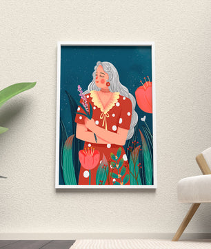Serene illustration of a woman with flowers under a starry night sky