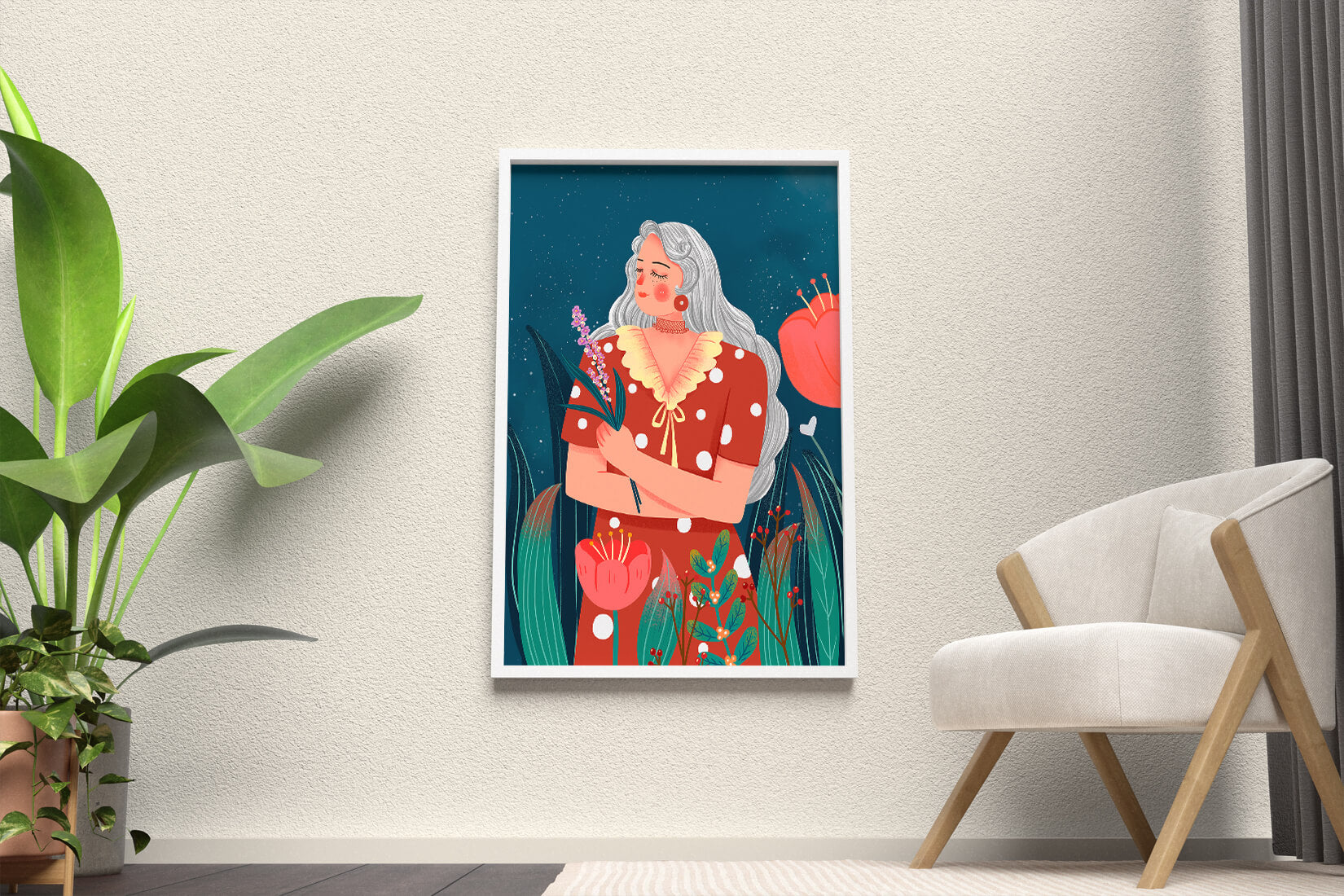 Serene illustration of a woman with flowers under a starry night sky