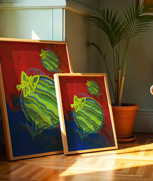 Obra de arte abstracta de sandía colorida con fondo vibrante