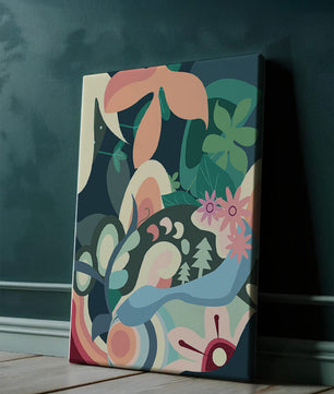 Abstract botanical artwork with vibrant colors and natural elements