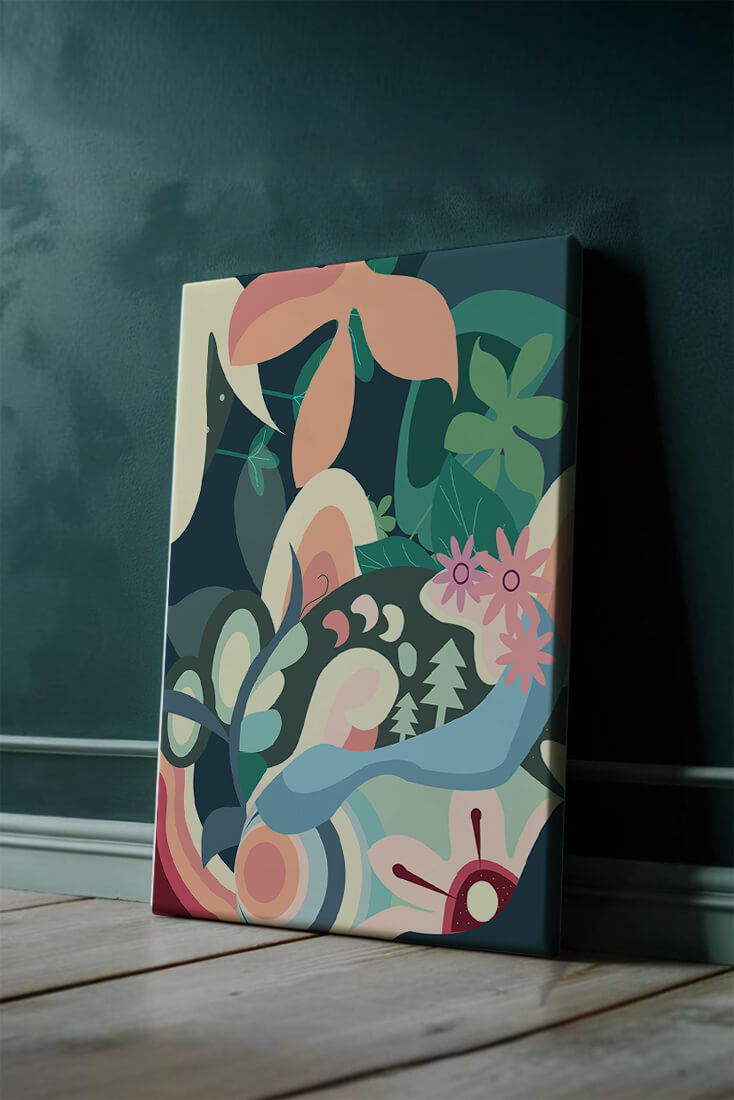 Abstract botanical artwork with vibrant colors and natural elements