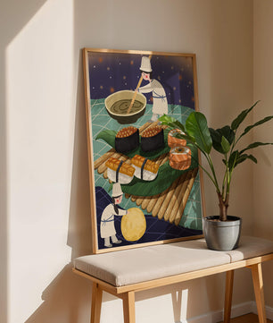 Ilustración juguetona de chefs preparando sushi en un paisaje imaginario