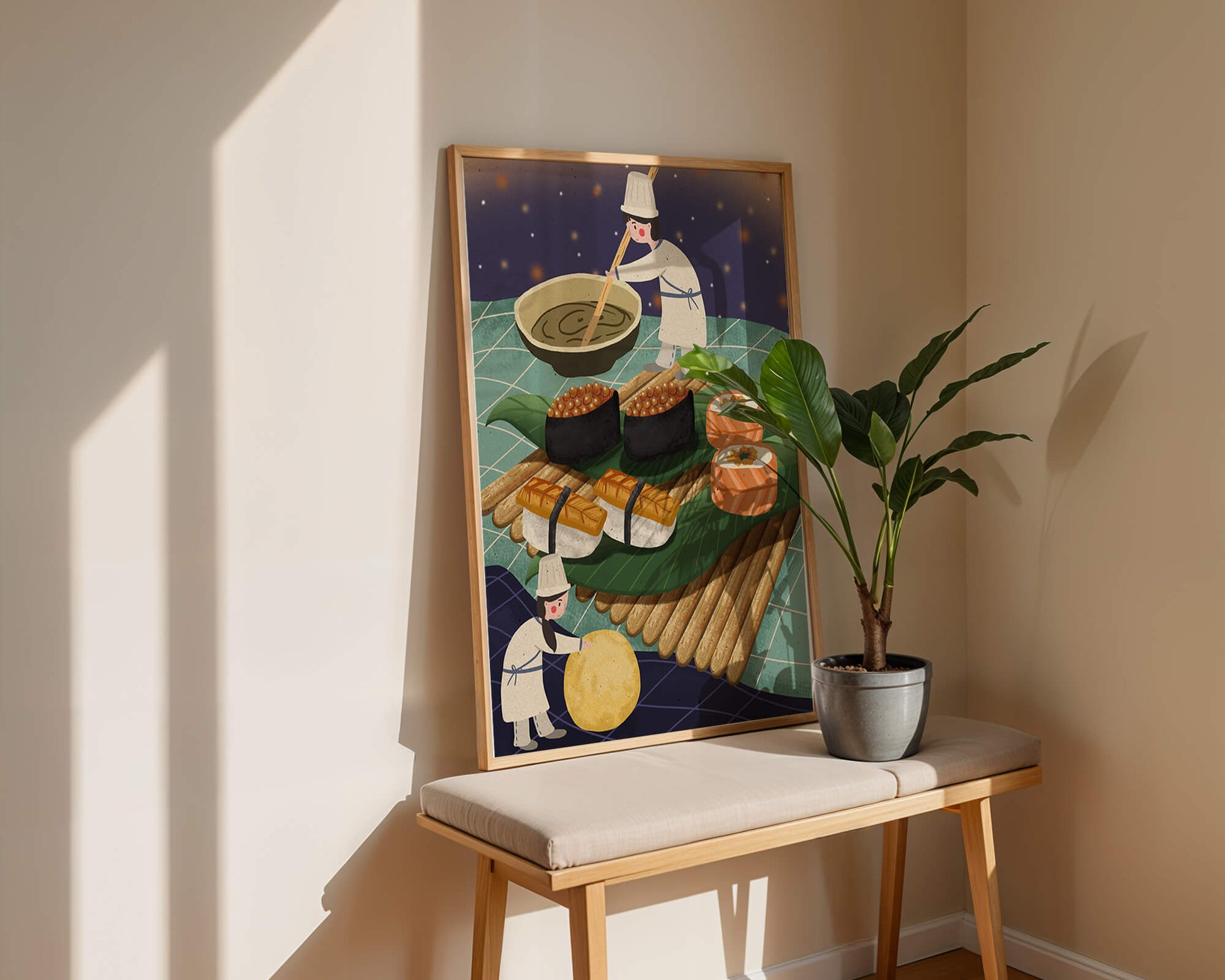 Ilustración juguetona de chefs preparando sushi en un paisaje imaginario