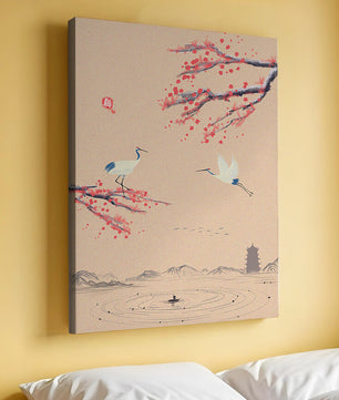 Paysage asiatique élégant avec des grues et des branches de cerisier en fleurs