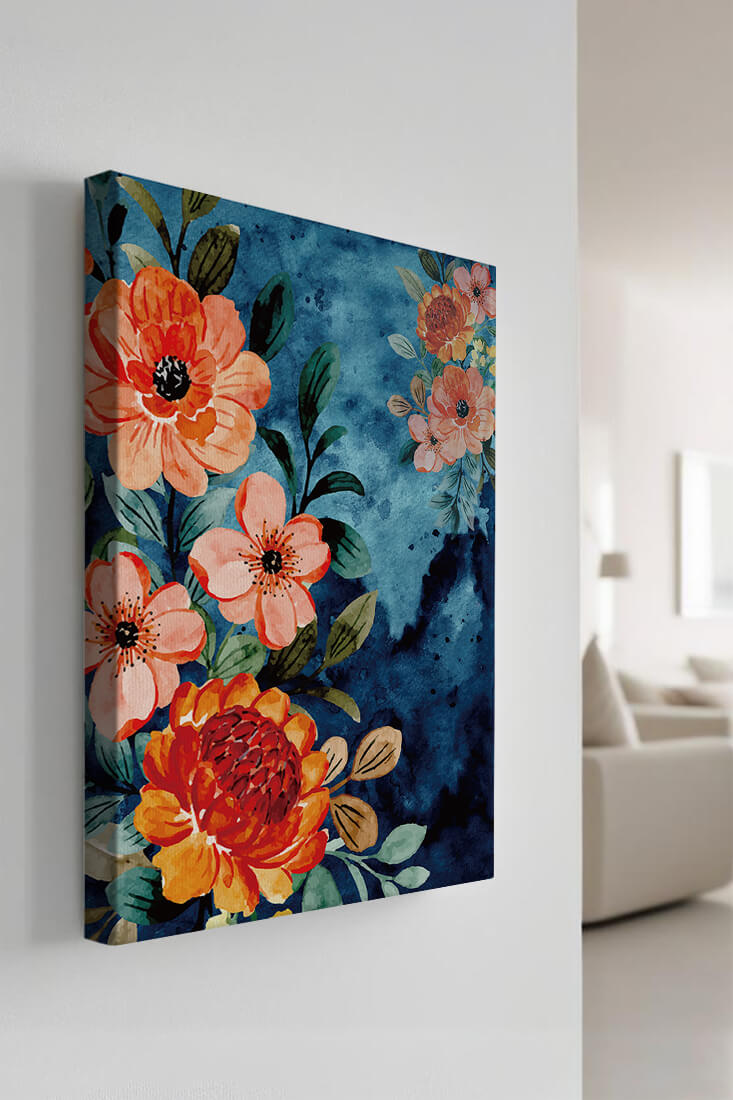 Vibrant floral watercolor design with orange blossoms and blue background