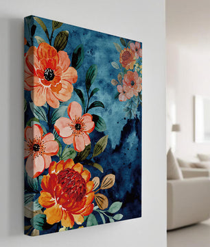 Vibrant floral watercolor design with orange blossoms and blue background