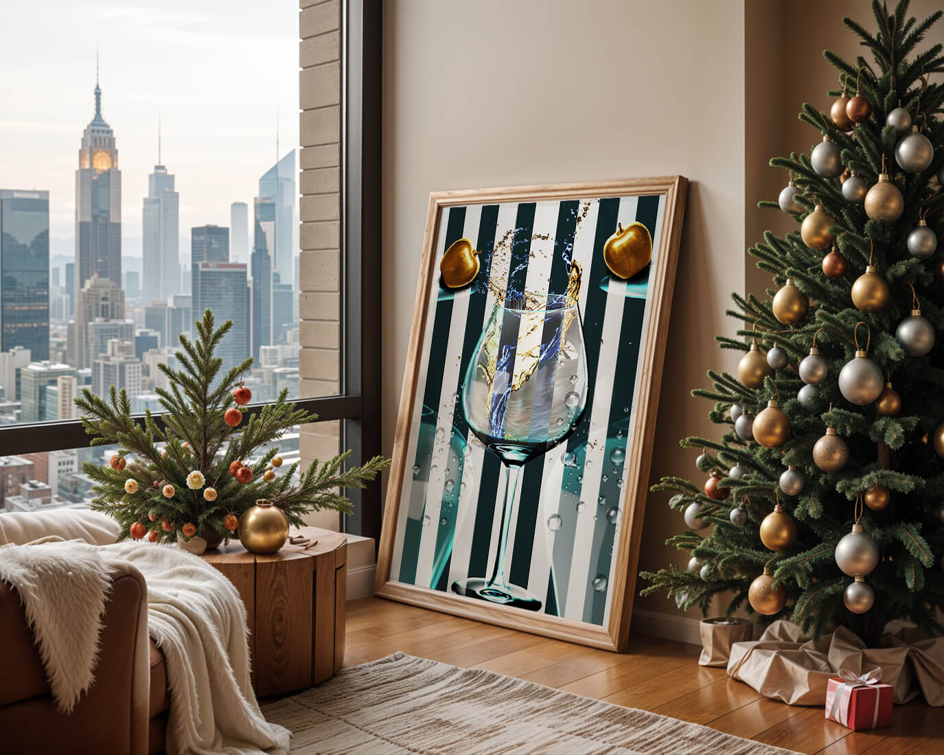 Elegant Glass of Champagne with Golden Apples and Striped Background