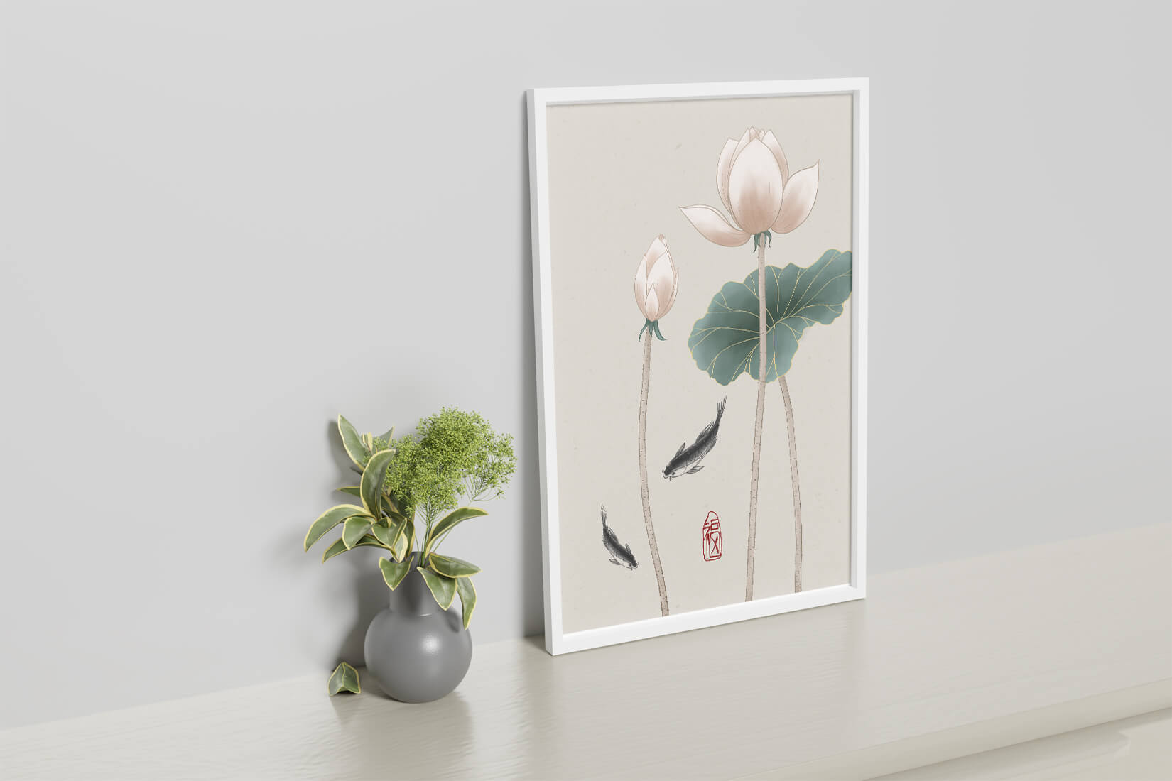 Lotus flowers and koi fish in minimalist Asian art illustration