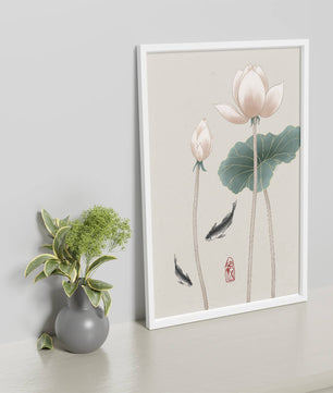Fleurs de lotus et carpes koï dans une illustration d’art asiatique minimaliste
