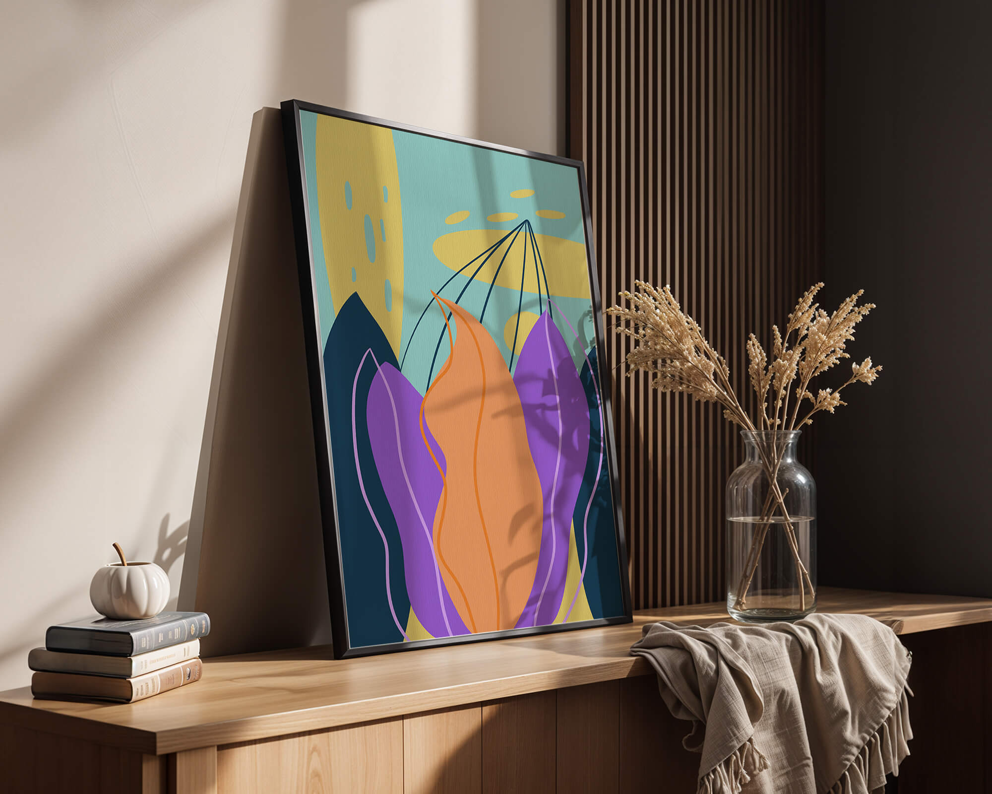 Abstract floral illustration with vibrant colors and geometric shapes