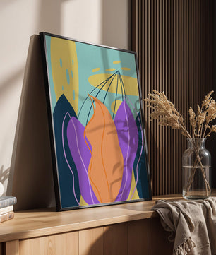 Abstract floral illustration with vibrant colors and geometric shapes
