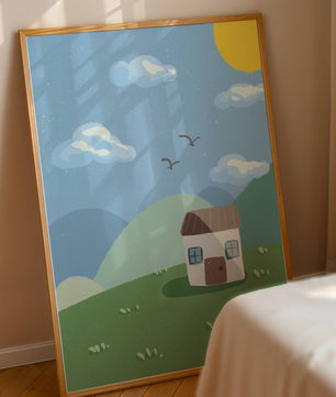 Illustration of a small house on a sunny hillside with clouds in a blue sky